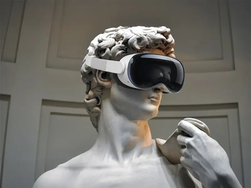 A man wearing a VR headset, symbolizing digital marketing for education.