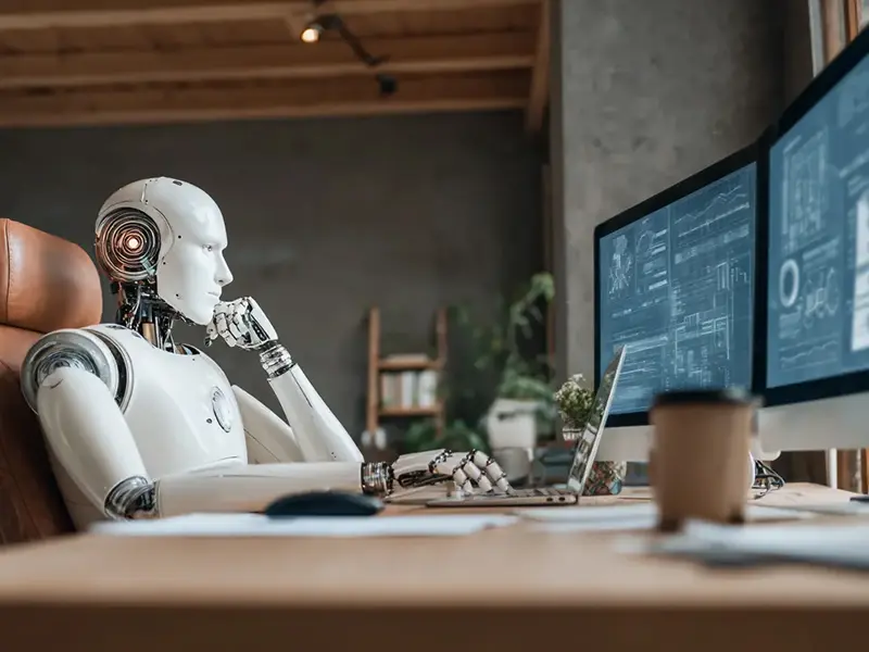 A humanoid robot sitting at a desk, representing AI creativity in marketing.
