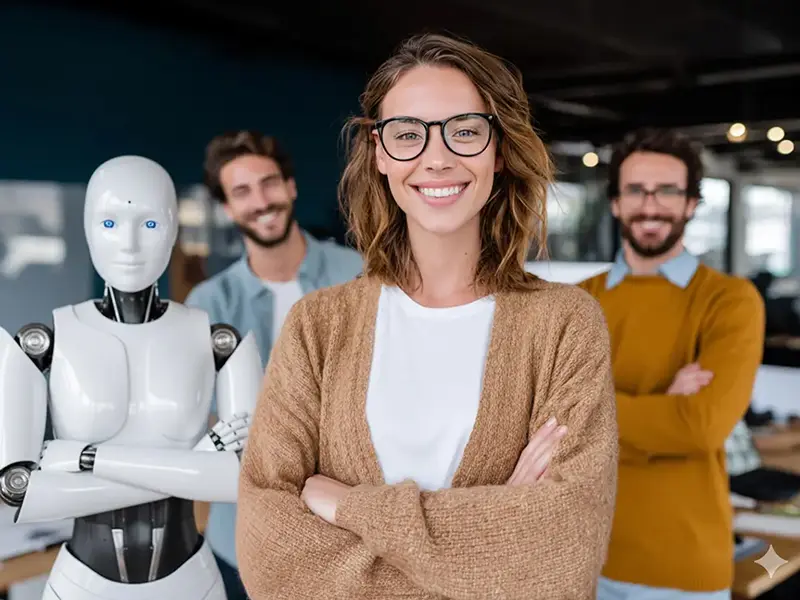 A team working with a humanoid robot, representing a growth blueprint for small businesses.