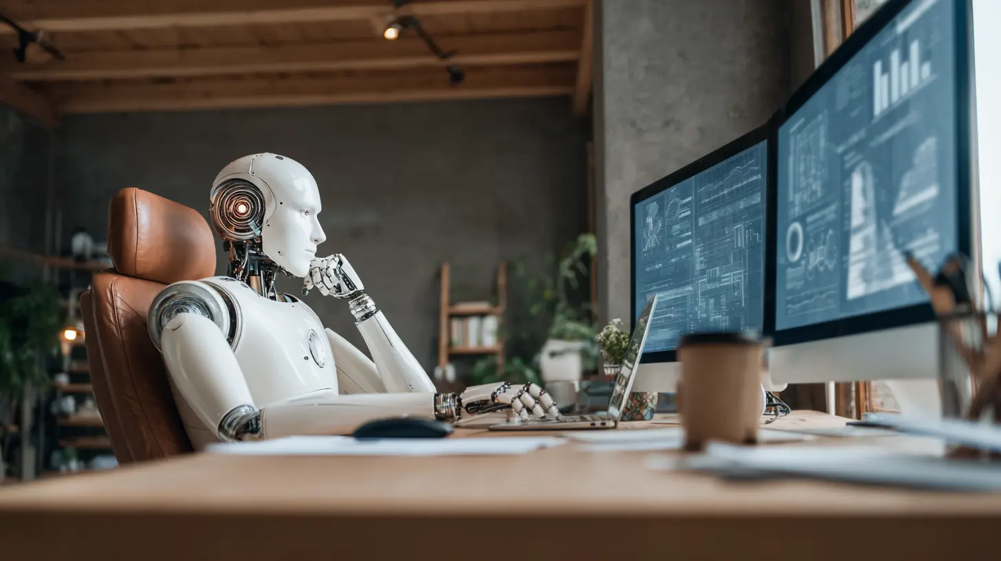 A humanoid robot sitting at a desk, symbolizing the integration of AI in the workplace.
