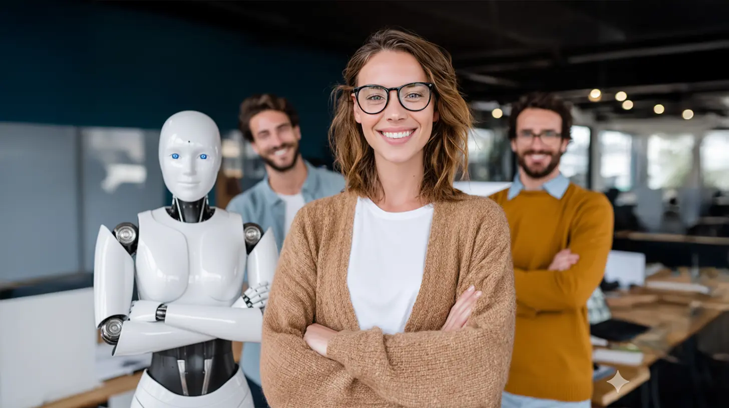 A team of business professionals collaborating with a humanoid robot, symbolizing the integration of AI in modern marketing.